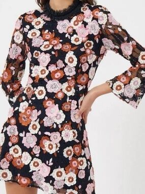 French connections long sleeve black mini dress with pink and orange flowers